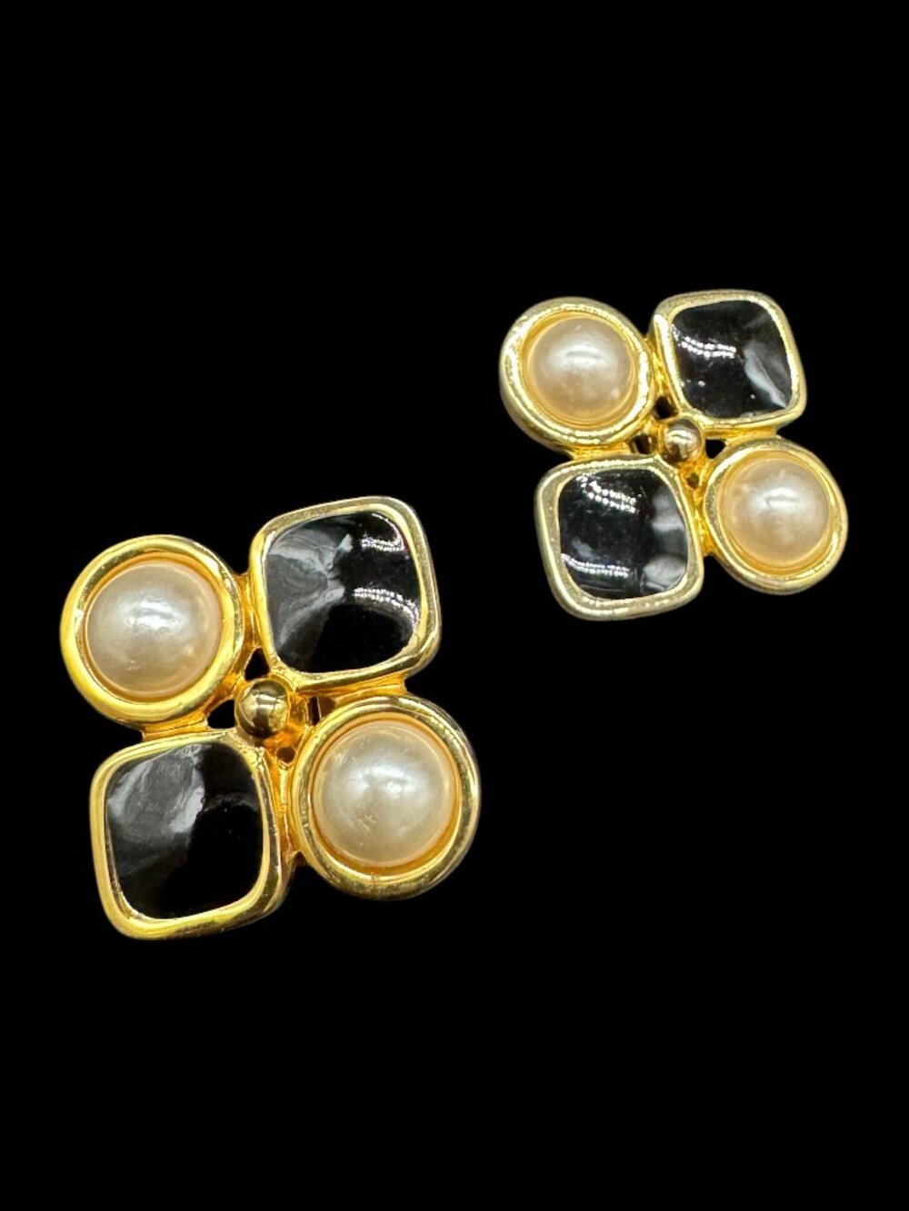 Vintage Gold Tone Earrings Clip-ons White Faux Pearls and Black Stones